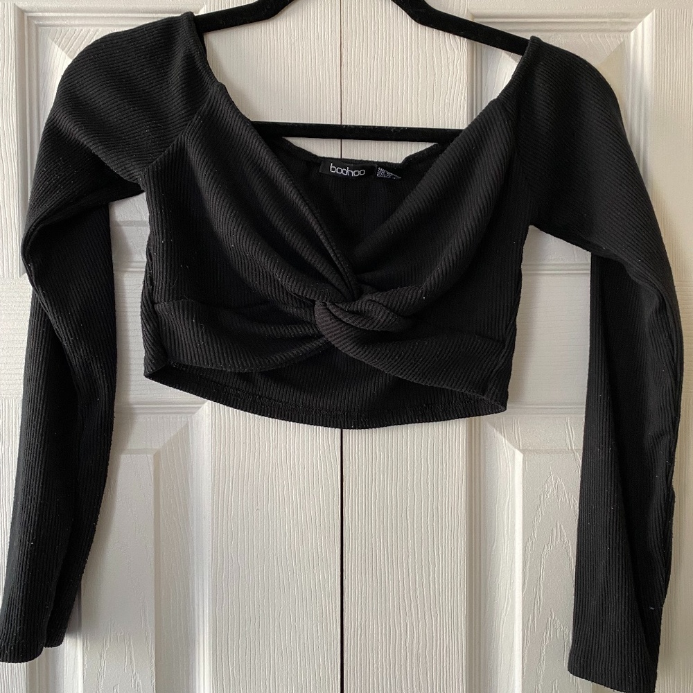 Rib Knit Twist Front Bardot Crop